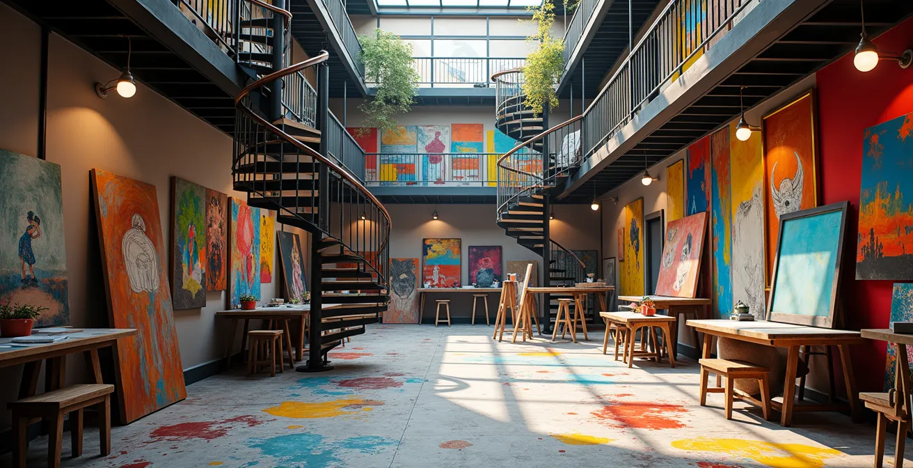 Colorful artist studios inside 59 Rivoli with paintings covering walls and creative chaos