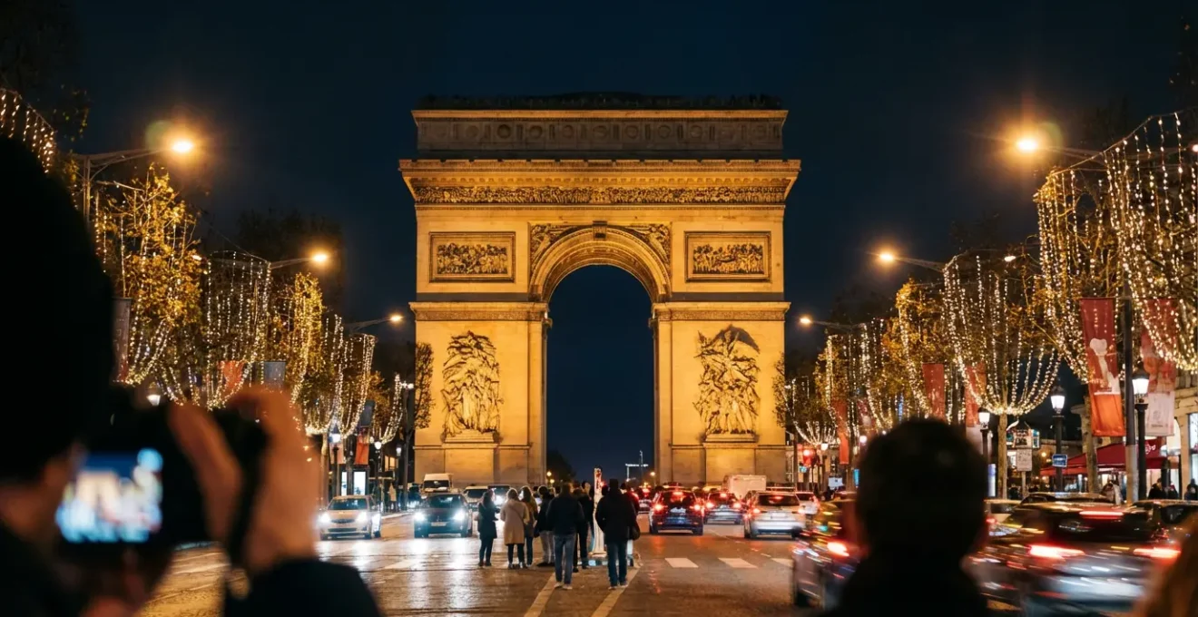 Arc de Triomphe Paris night Christmas atmosphere illuminated avenue