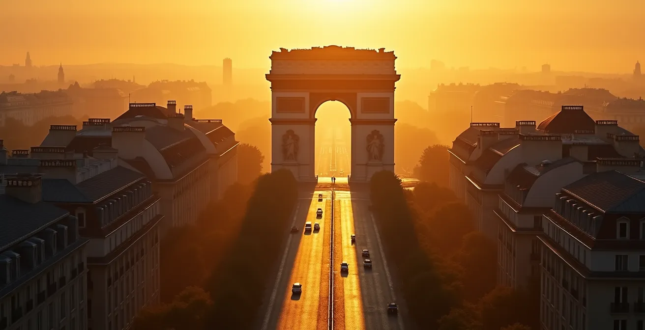 Sunset alignment view from Arc de Triomphe showing golden hour light over Paris