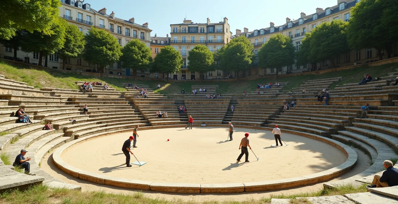 Modern Parisians playing pétanque in ancient Roman arena ruins