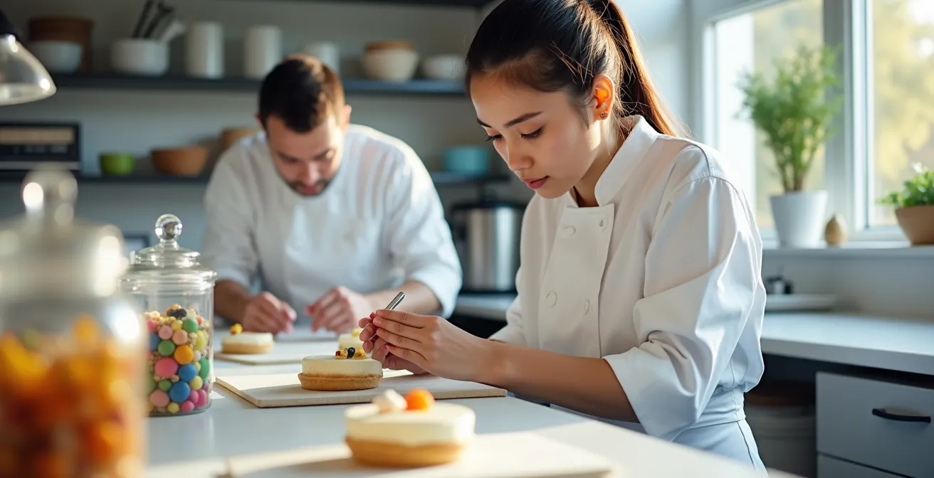 Pastry chef working with precision tools in a modern Parisian atelier