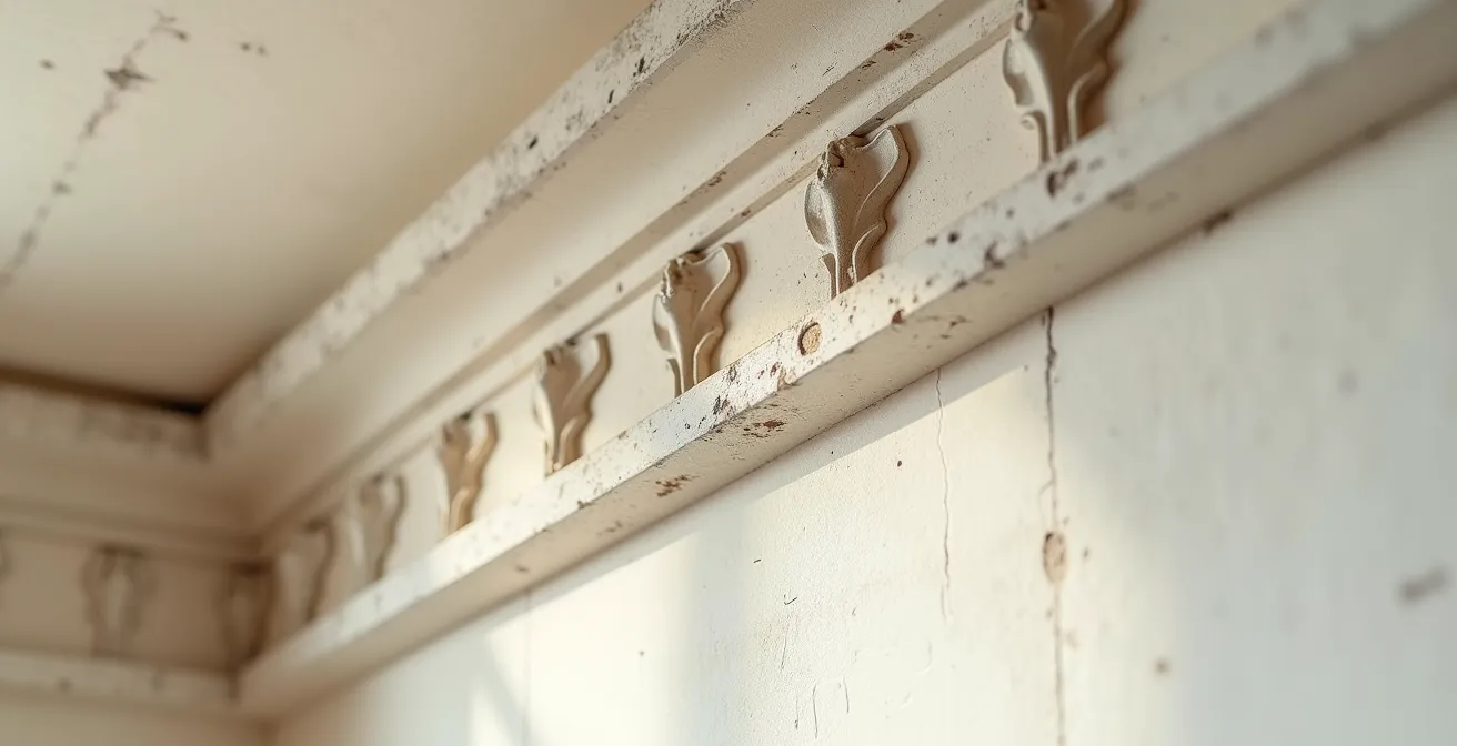 Macro detail of original plaster molding showing hairline cracks and handcrafted imperfections
