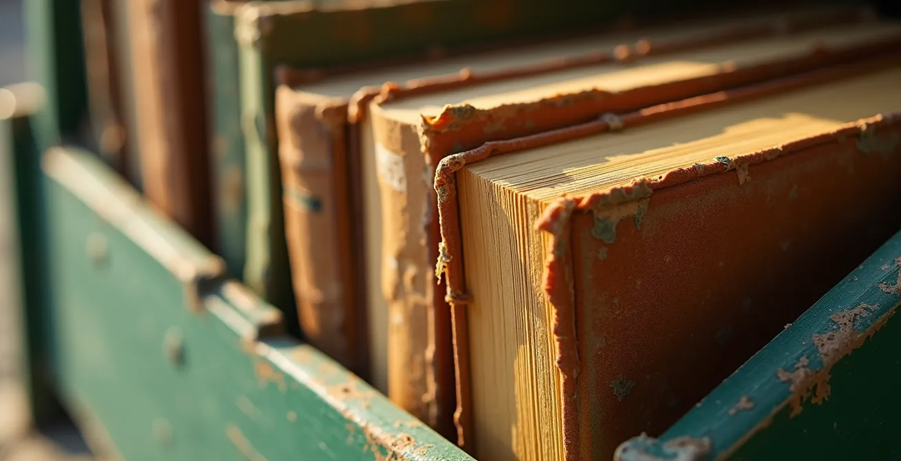 Green vintage book stalls along the Seine riverbank with old books displayed