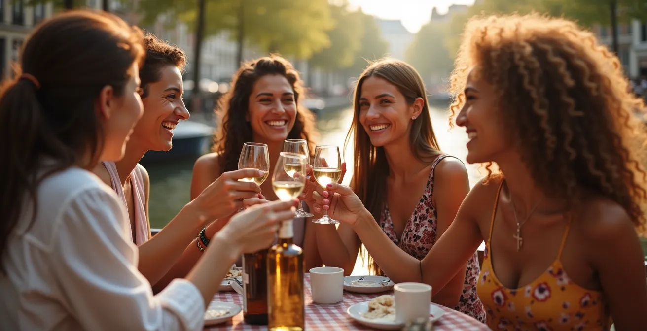 Diverse groups of Parisians enjoying apéro along Canal Saint-Martin banks during golden hour