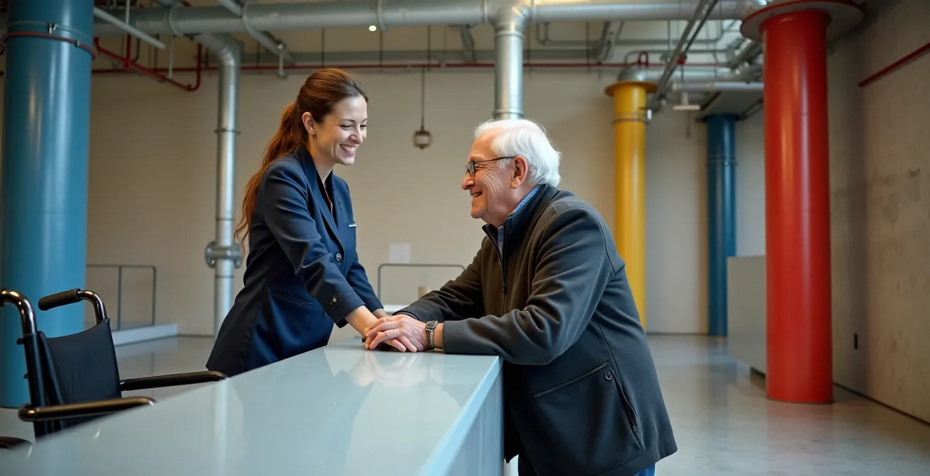 Modern accessibility services desk at Centre Pompidou with wheelchair availability indicator