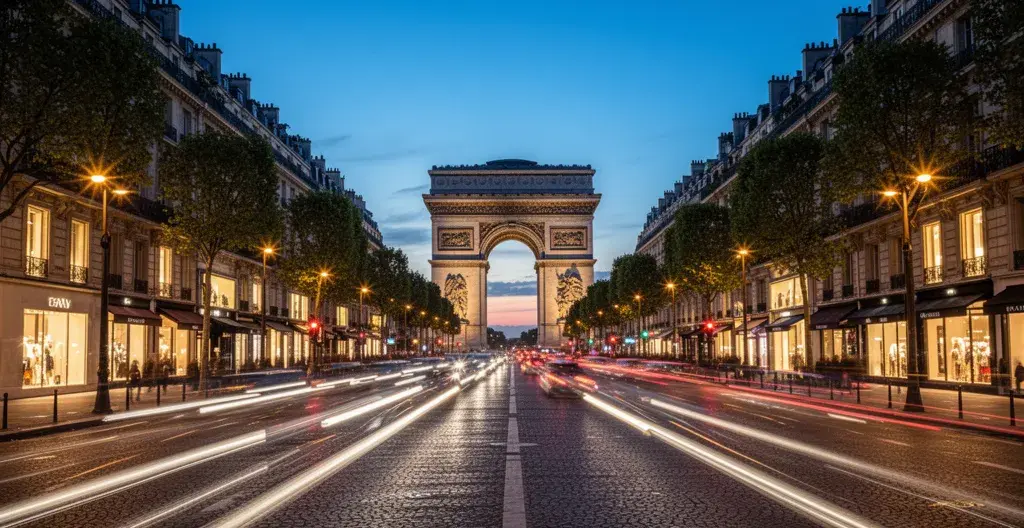 Champs-Élysées avenue at blue hour with illuminated shop fronts and Arc de Triomphe in distance