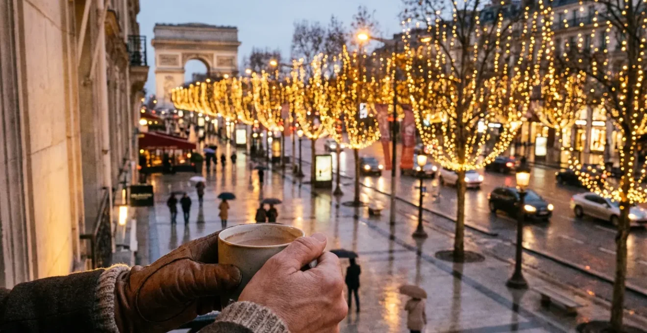 Champs Elysées avenue Christmas lights Paris illuminations golden glow