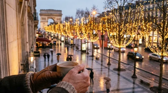Champs Elysées avenue Christmas lights Paris illuminations golden glow