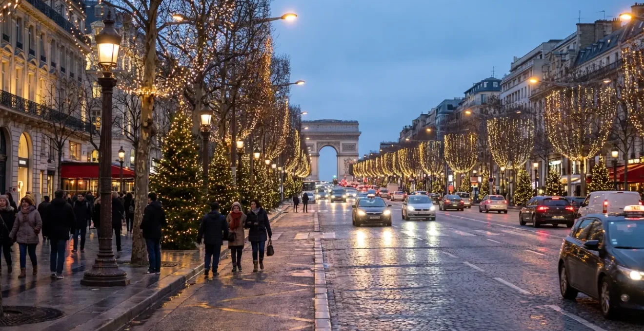 Champs-Élysées avenue illuminated with Christmas lights stretching toward Arc de Triomphe
