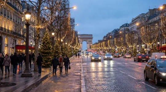 Champs-Élysées avenue illuminated with Christmas lights stretching toward Arc de Triomphe