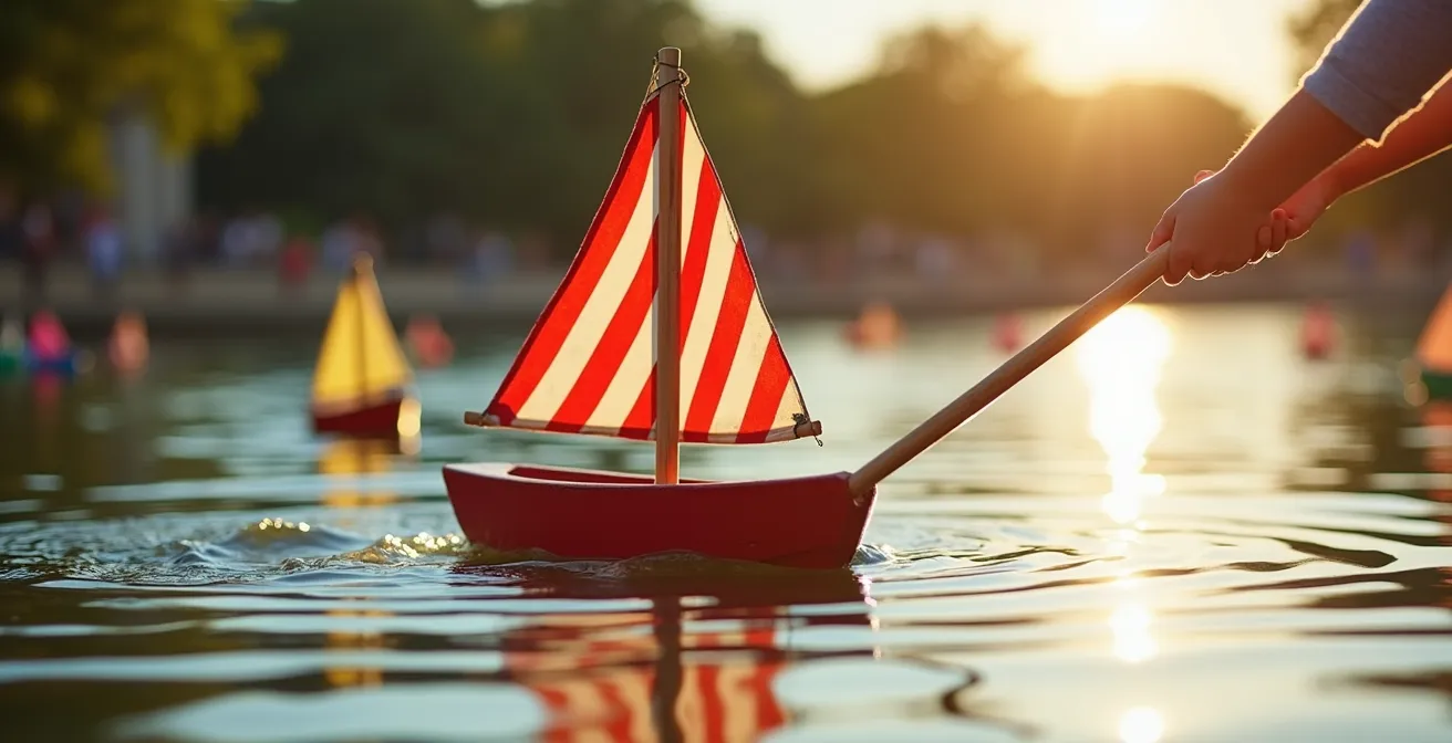 Child pushing vintage sailboat with stick at Tuileries garden pond