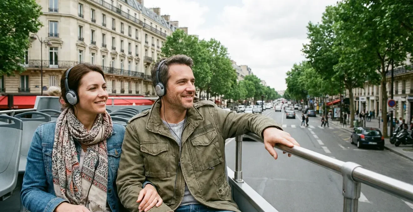 Couple seated on open-top sightseeing bus wearing audio guide headphones in Paris