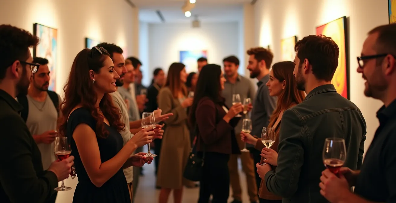 Elegant crowd at a Thursday night vernissage in a bright Parisian gallery