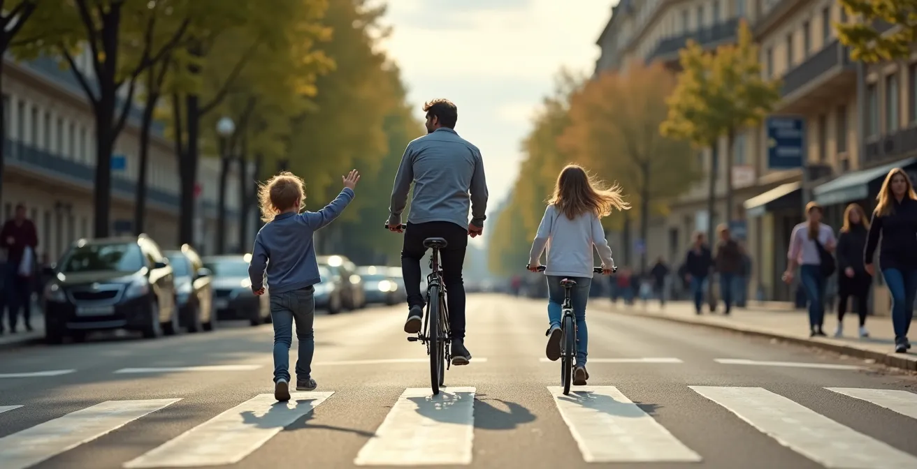 Cyclist stopping for pedestrians at a zebra crossing on a Parisian boulevard