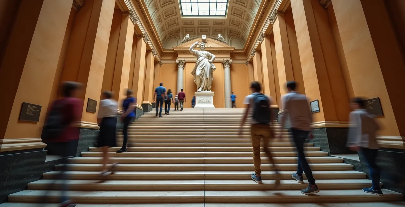 Interior view of the Louvre's Denon Wing grand staircase with directional signage
