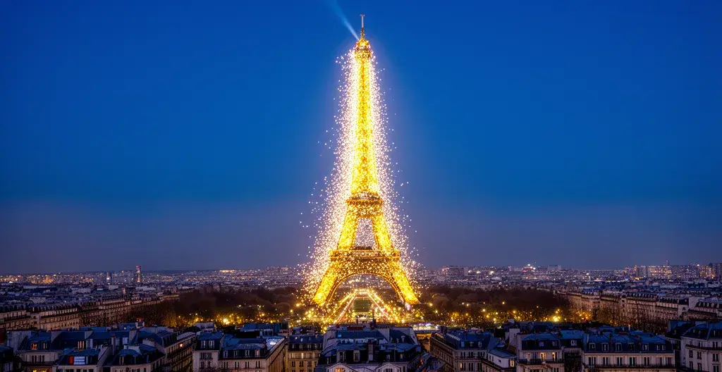Eiffel Tower sparkling at night during Christmas season in Paris