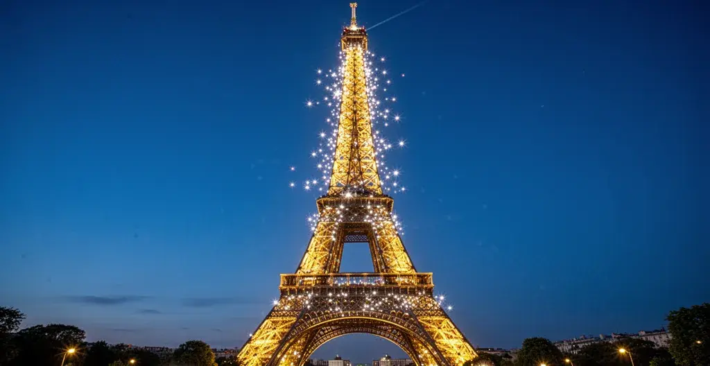 Eiffel Tower illuminated with sparkling golden lights against deep blue evening sky in Paris