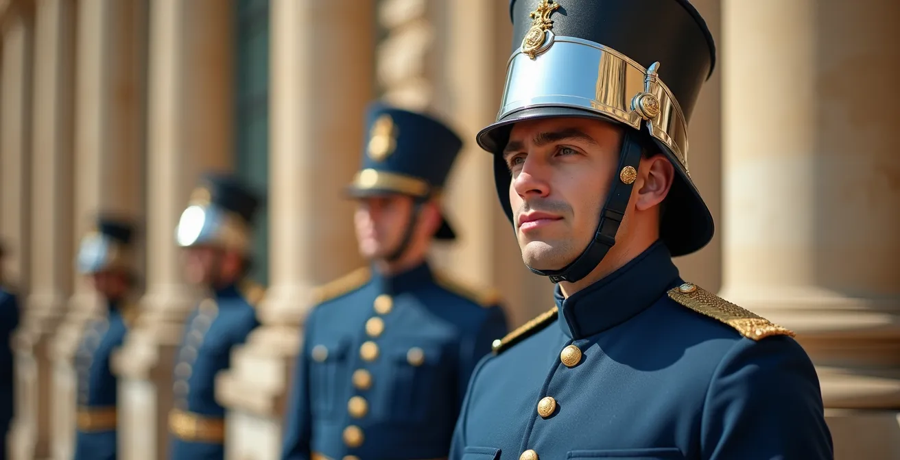 Ceremonial guards at the Élysée Palace entrance with architectural details
