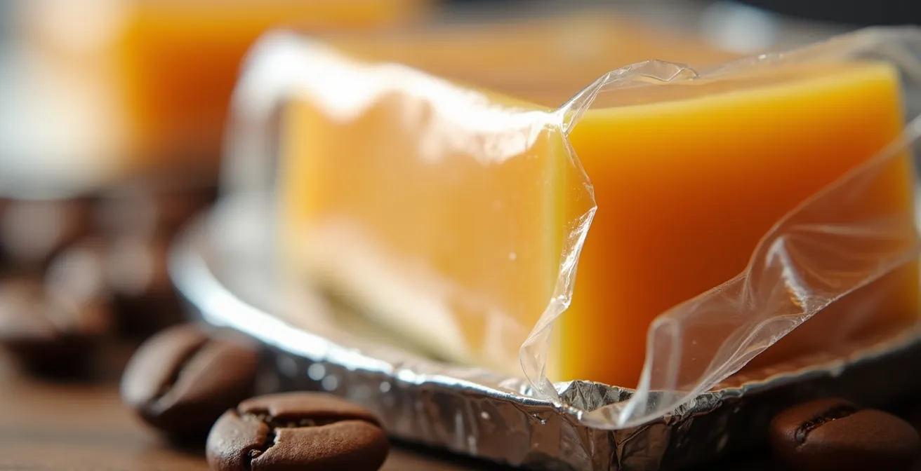 Close-up of professionally wrapped Époisses cheese showing multiple protective layers