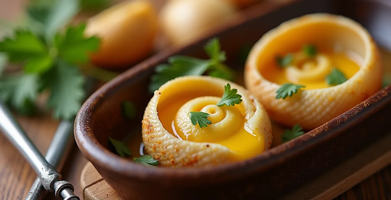 Close-up of traditional escargot dish with special tongs and fork on rustic table
