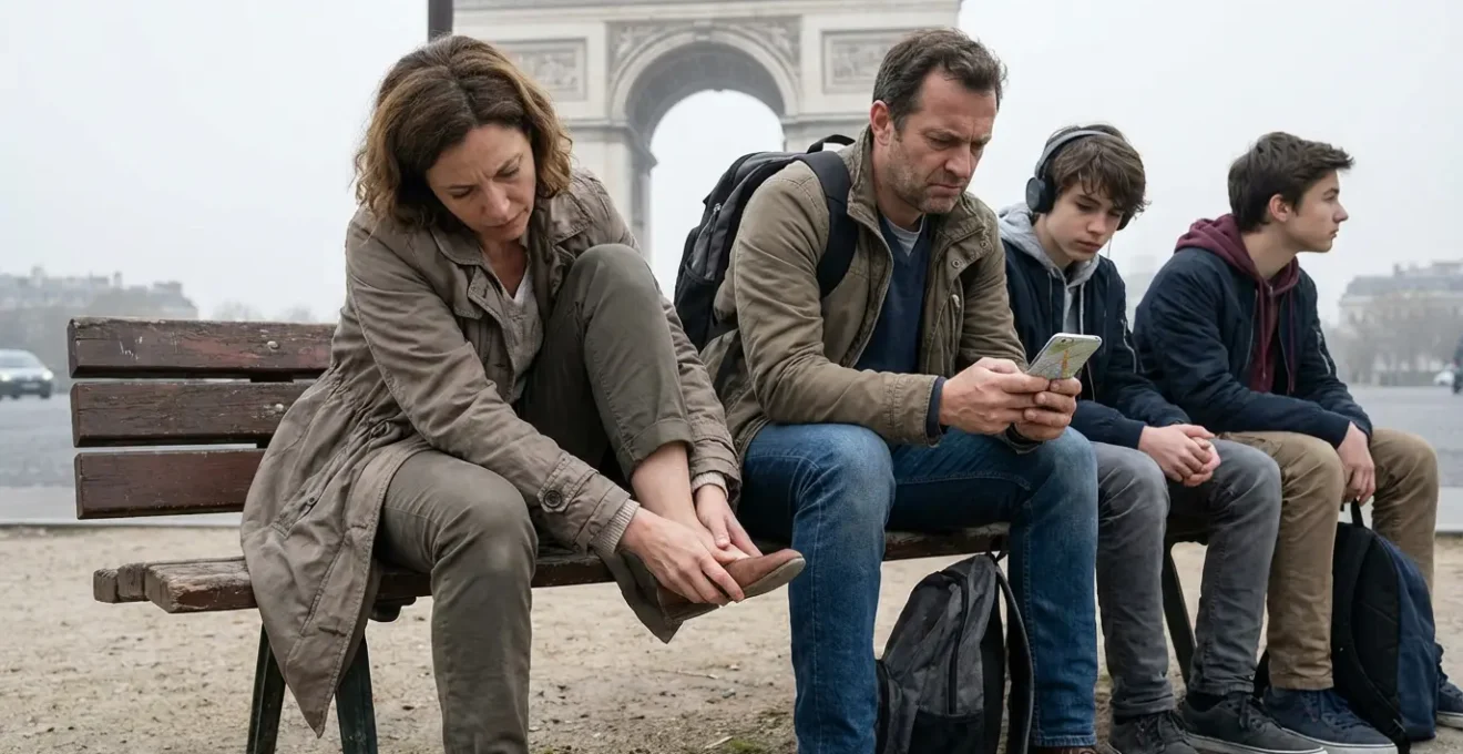 Tired family resting on bench near Paris monument after walking tour