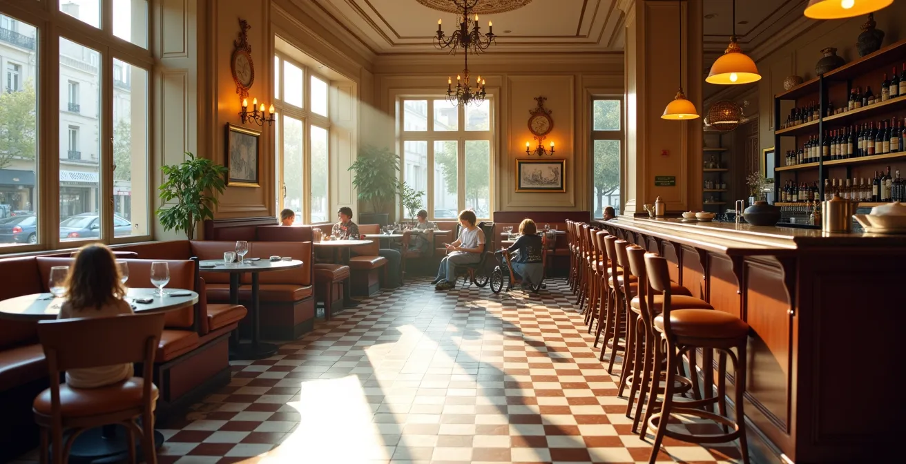Wide angle view of a traditional Parisian brasserie interior with families dining