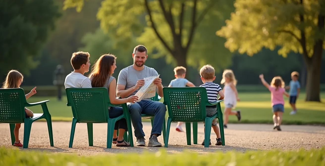 Parents and children taking a break in the iconic green Fermob chairs at Tuileries Gardens