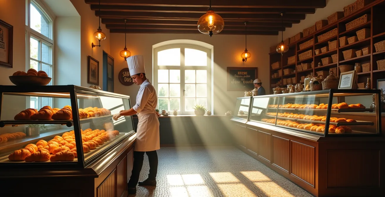 Early morning French bakery interior with baker placing fresh croissants in display case