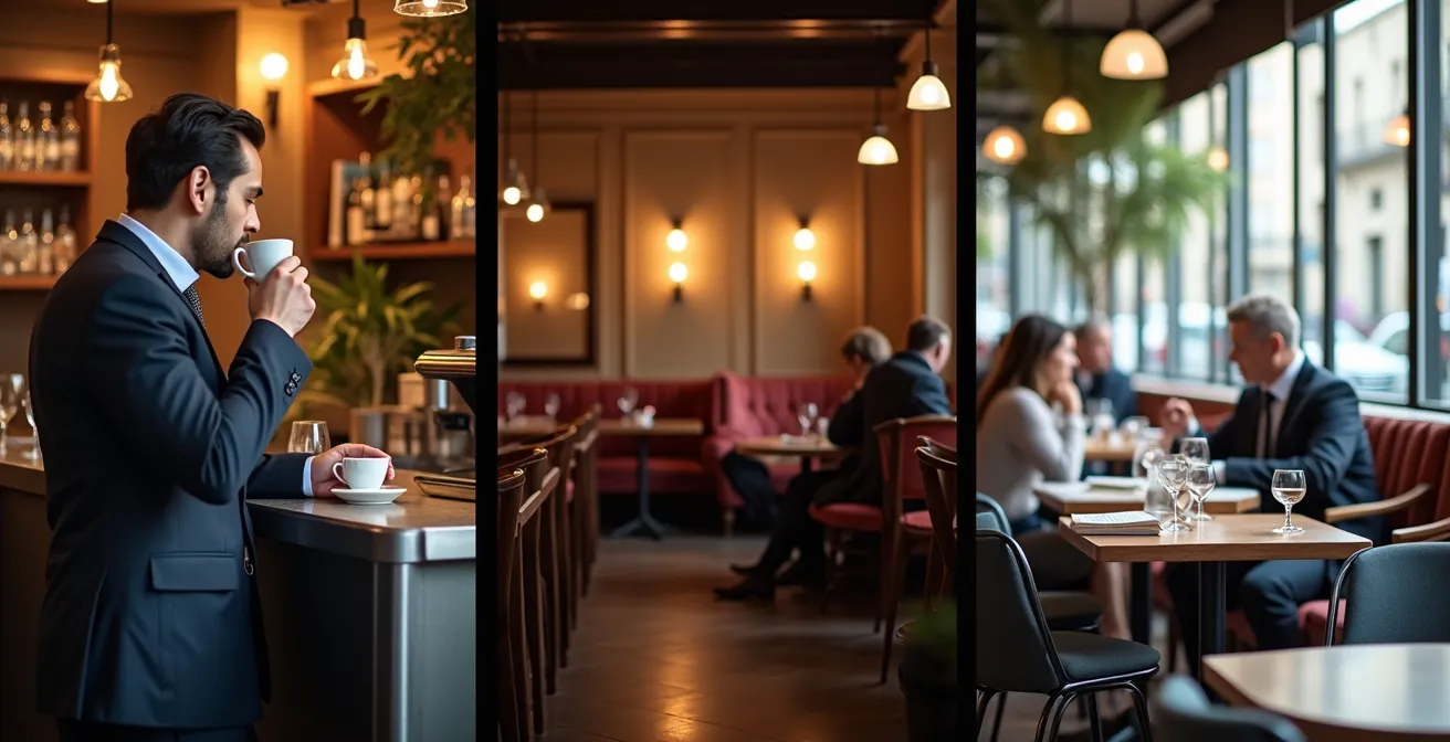 Architectural cutaway view showing three distinct café zones with different customer experiences