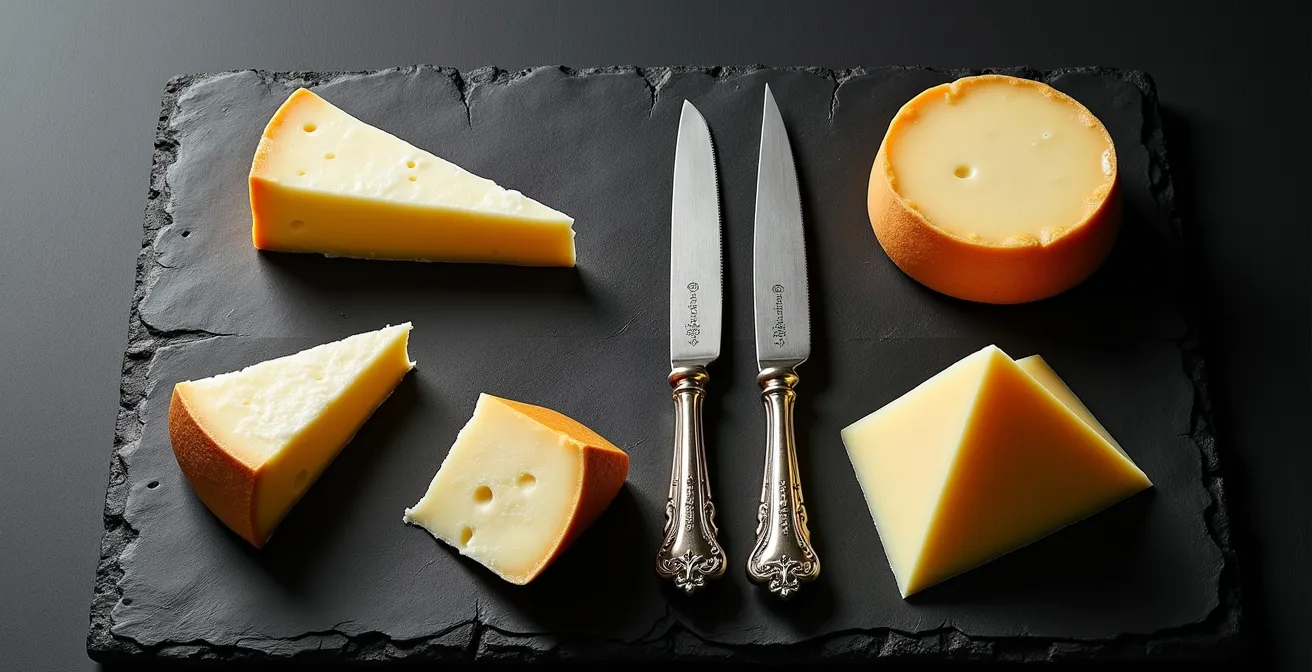 Overhead view showing proper cutting techniques for different French cheese shapes