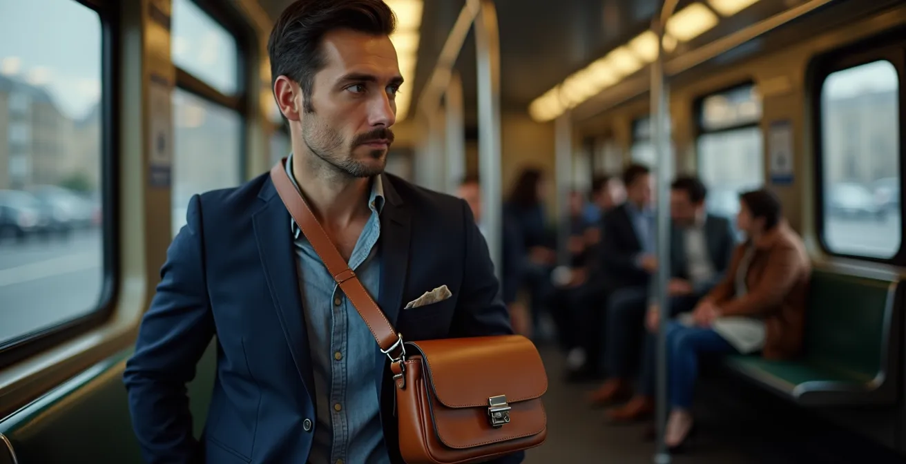 French man with leather crossbody bag in Parisian metro setting