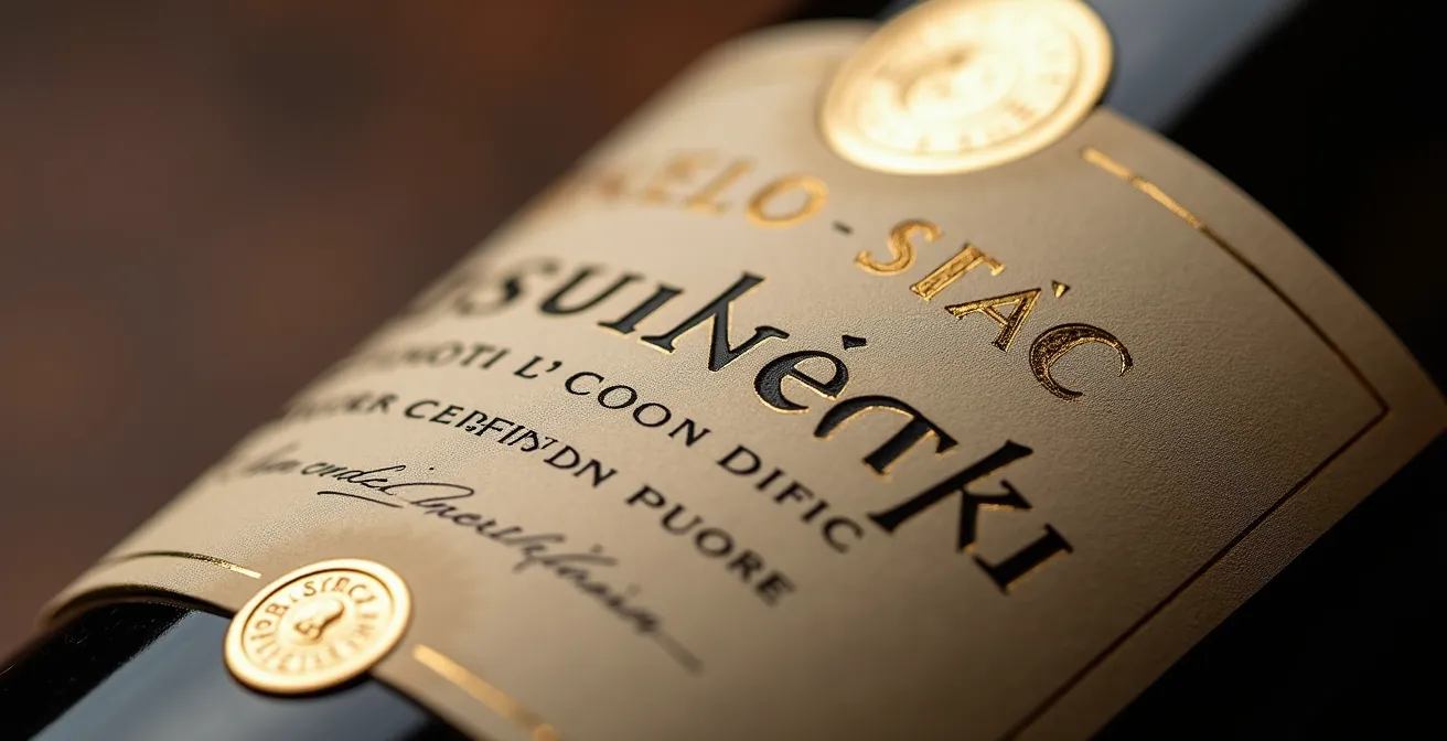 Extreme close-up of wine bottle label texture showing certification stamps