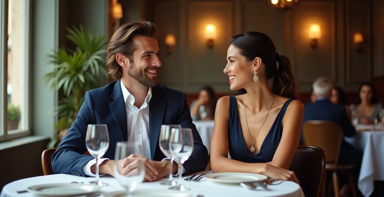 Sophisticated diners in smart casual attire at upscale French restaurant