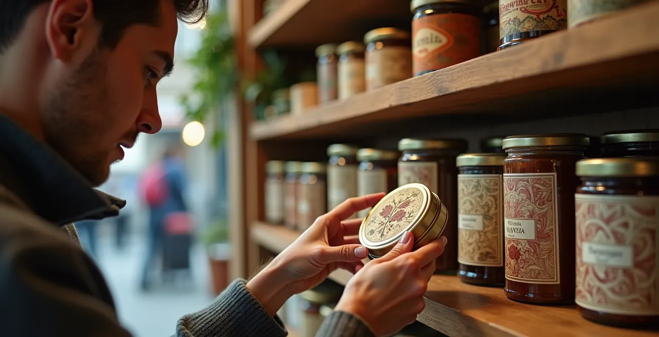 Various French foie gras and terrine tins showing label differences for travel