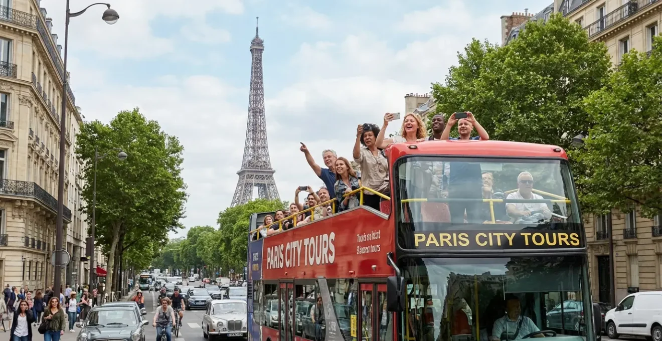 Open-top sightseeing bus passing Eiffel Tower with tourists photographing Paris landmarks