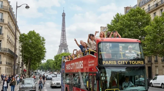 Open-top sightseeing bus passing Eiffel Tower with tourists photographing Paris landmarks
