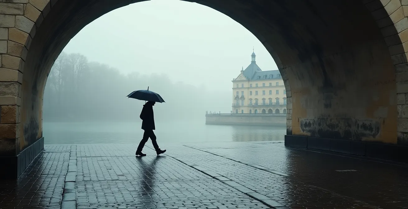 Misty early morning view of Île Saint-Louis bridge over the Seine with cobblestone streets