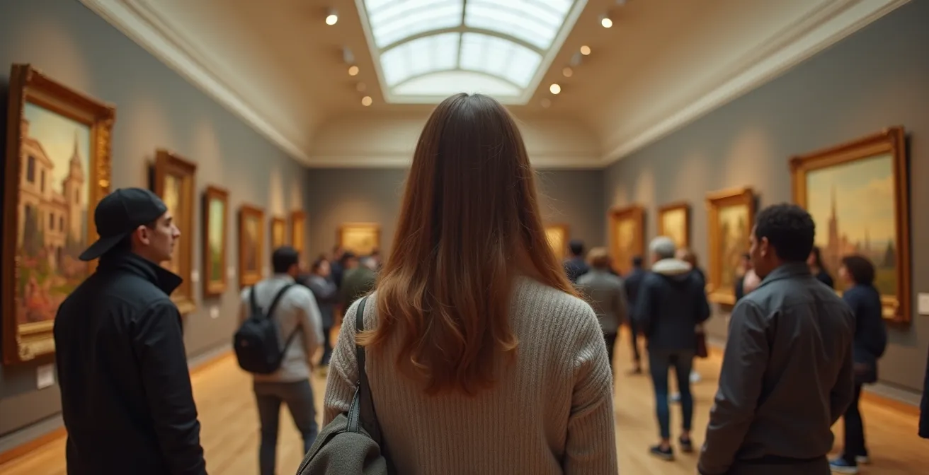 Museum visitors admiring Impressionist paintings under natural skylights on the 5th floor of Musée d'Orsay