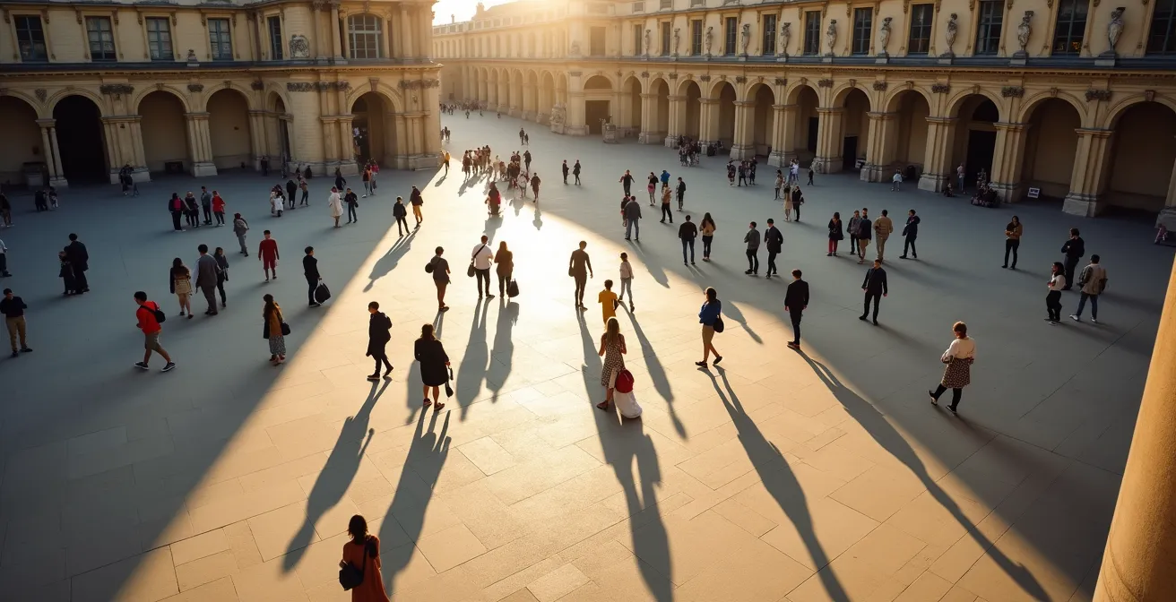 Aerial view of Louvre showing three different entrance points with varying crowd densities