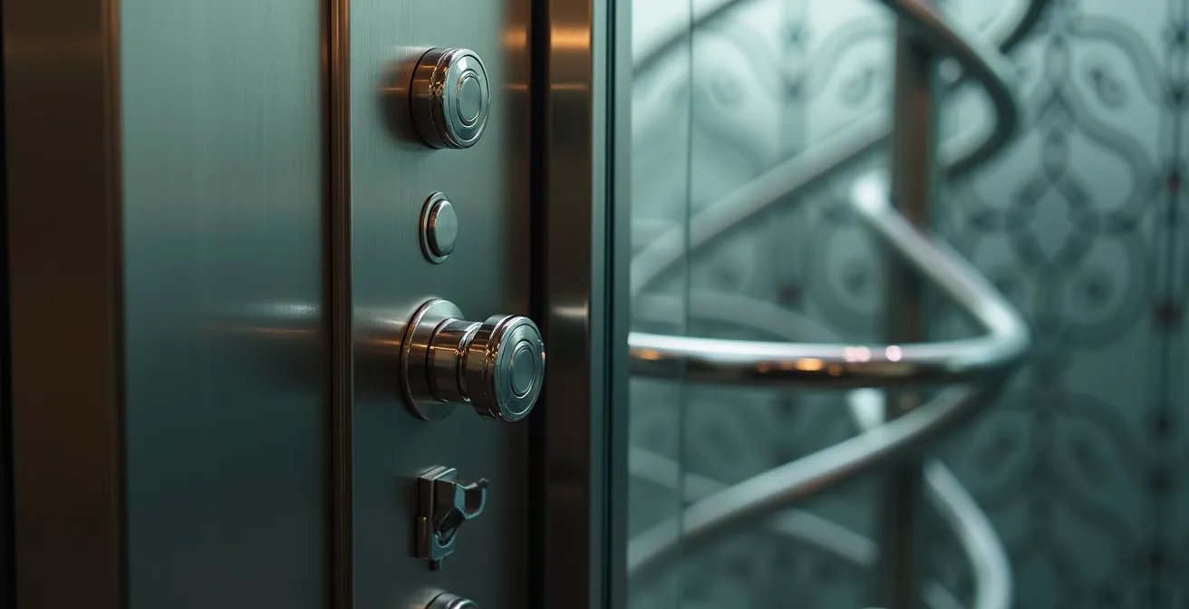 Glass cylindrical elevator in the center of an ornate spiral staircase