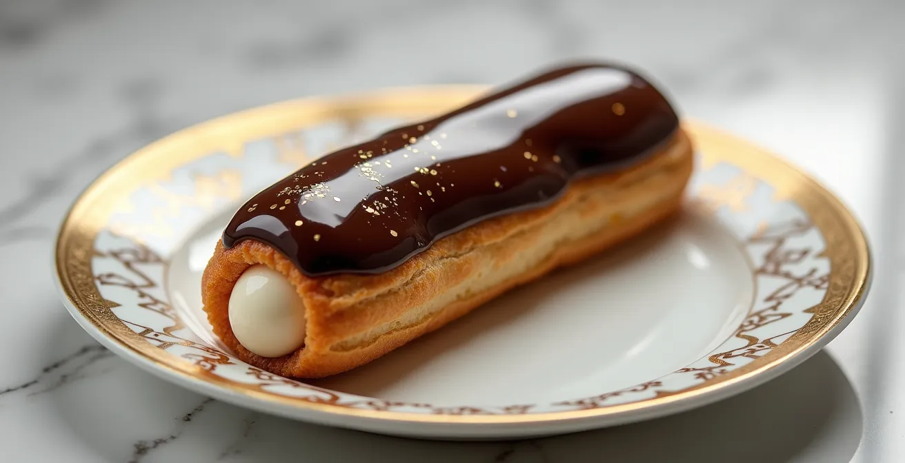 An elegant éclair on fine china in a luxurious setting