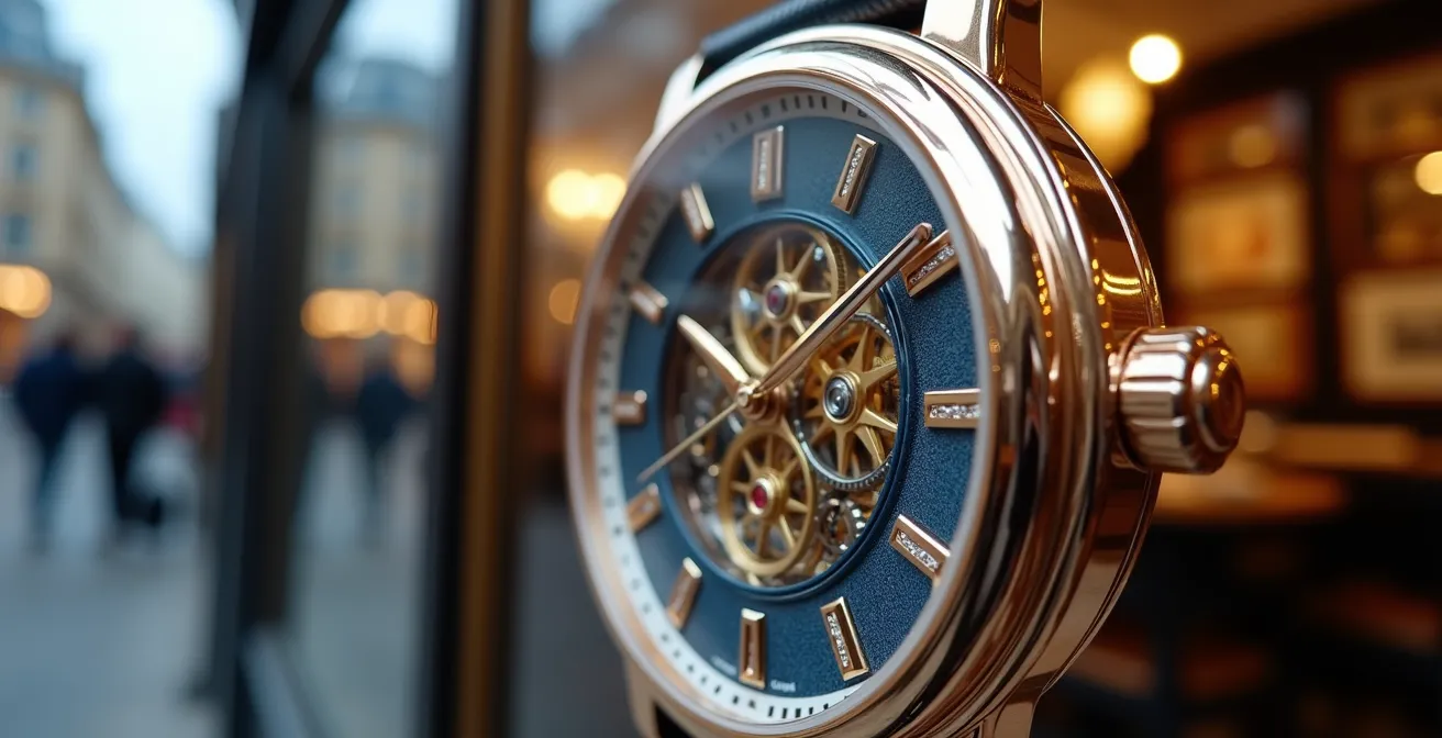 Close-up of luxury watch display with reflections of Place Vendôme architecture