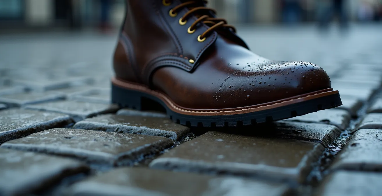Extreme close-up of rubber shoe sole patterns pressing against wet limestone cobblestone surface