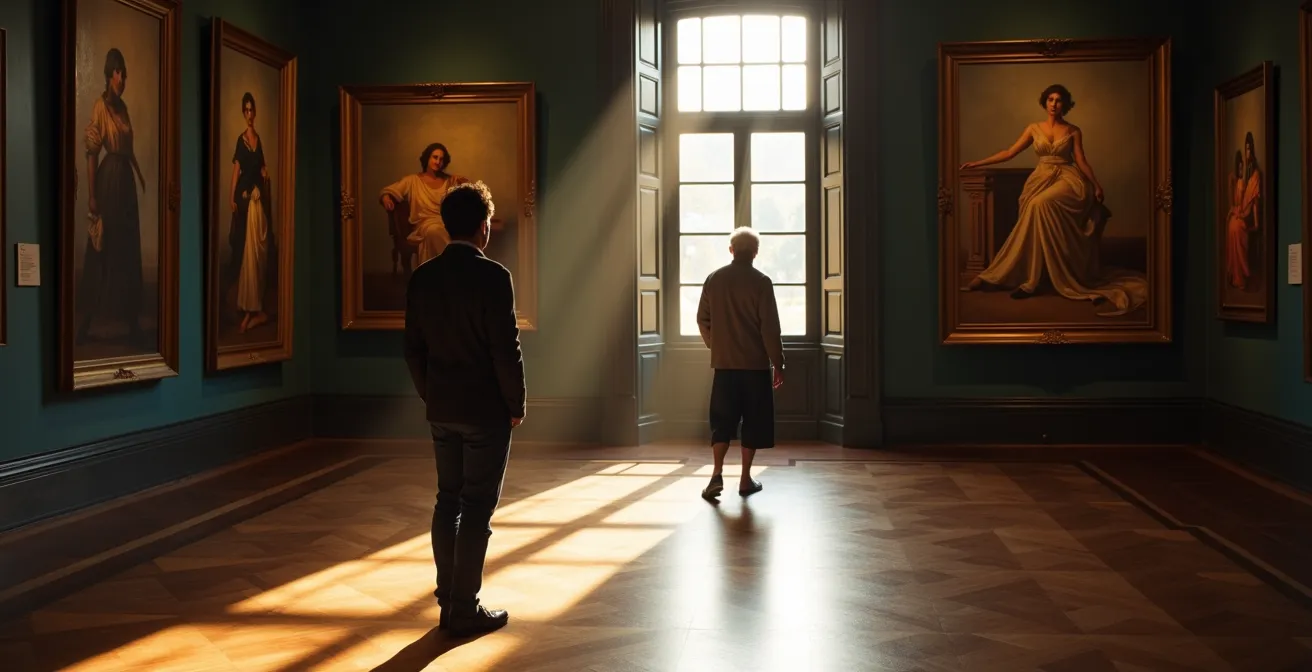 Intimate museum gallery with soft natural light illuminating paintings