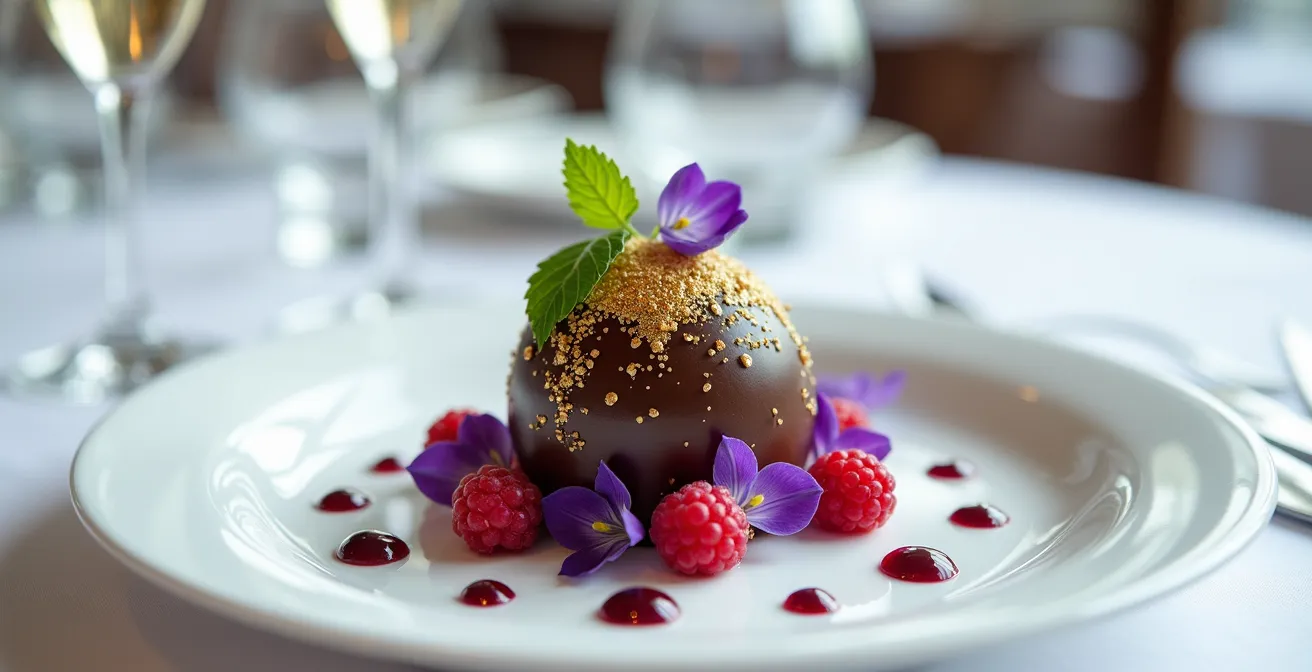 Exquisite Michelin three-star dessert with gold leaf and edible flowers on pristine white plate