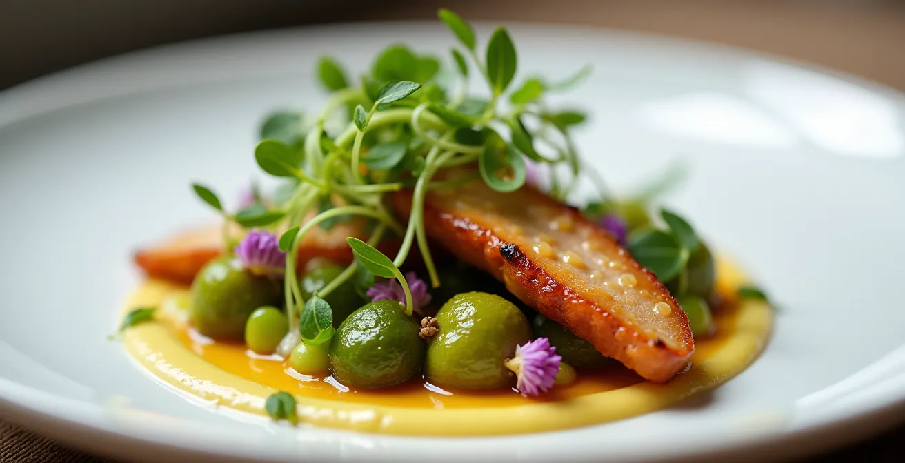 Artfully plated course from French Michelin tasting menu with refined presentation