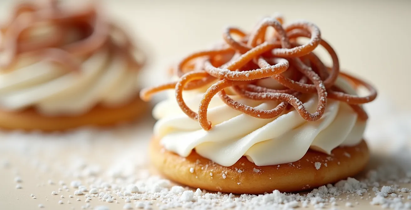 Extreme close-up of Mont-Blanc pastry showing chestnut vermicelli texture