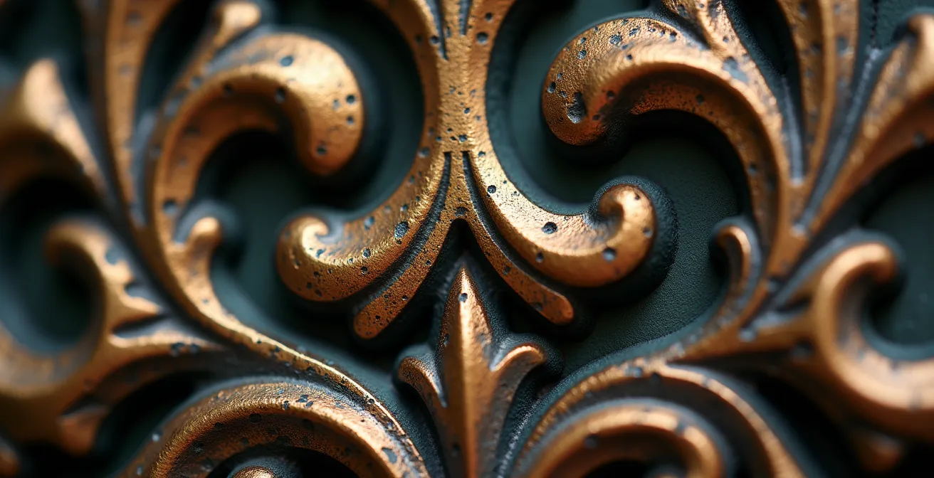 Close-up detail of ornate Belle Époque ironwork and decorative patterns in the museum café