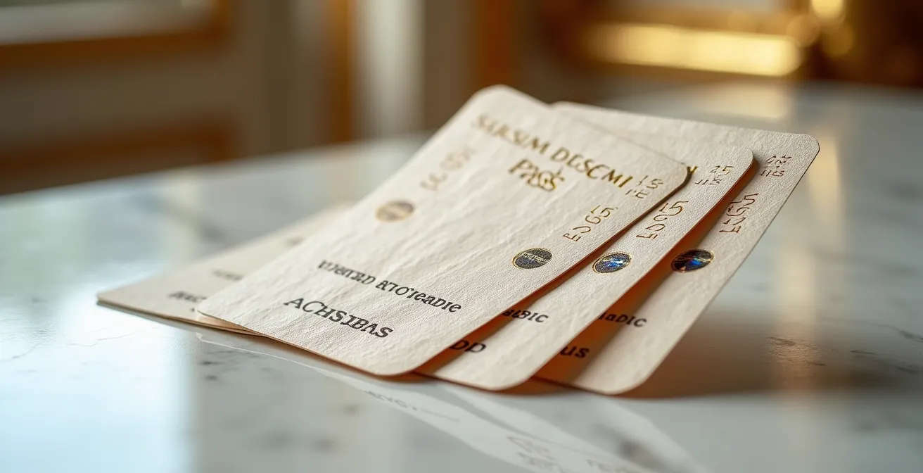 Close-up macro shot of museum passes elegantly fanned on marble with golden Versailles details blurred in background