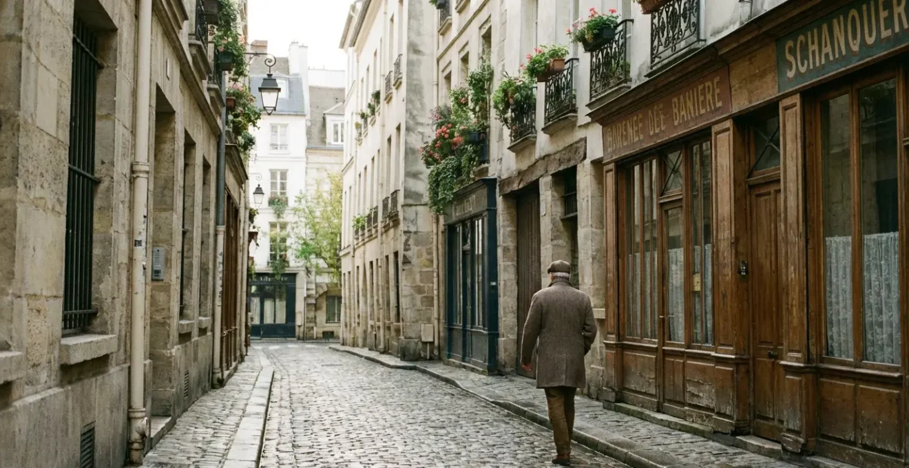 Charming narrow Parisian side street with cobblestones and vintage shop fronts